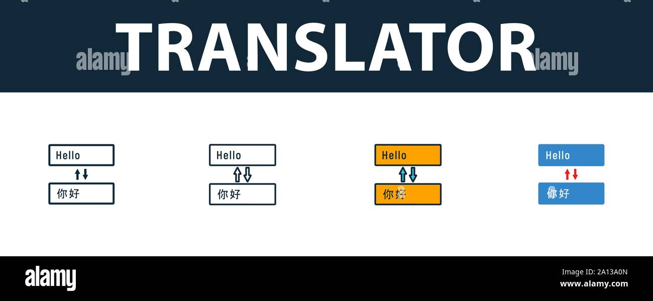 Übersetzer Icon Set. Vier einfache Symbole in verschiedenen Stilrichtungen von Tourismus icons Collection. Kreative Übersetzer Icons, Outline, farbige und flach Stock Vektor