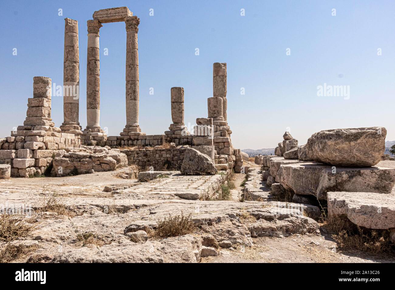 Zitadelle von Amman, die Zitadelle von Amman ist ein historischer Ort im Zentrum der Innenstadt von Amman, Jordanien. In Arabisch als Jabal al-Qal'a, der Umayyaden Palast bekannt ist. Stockfoto