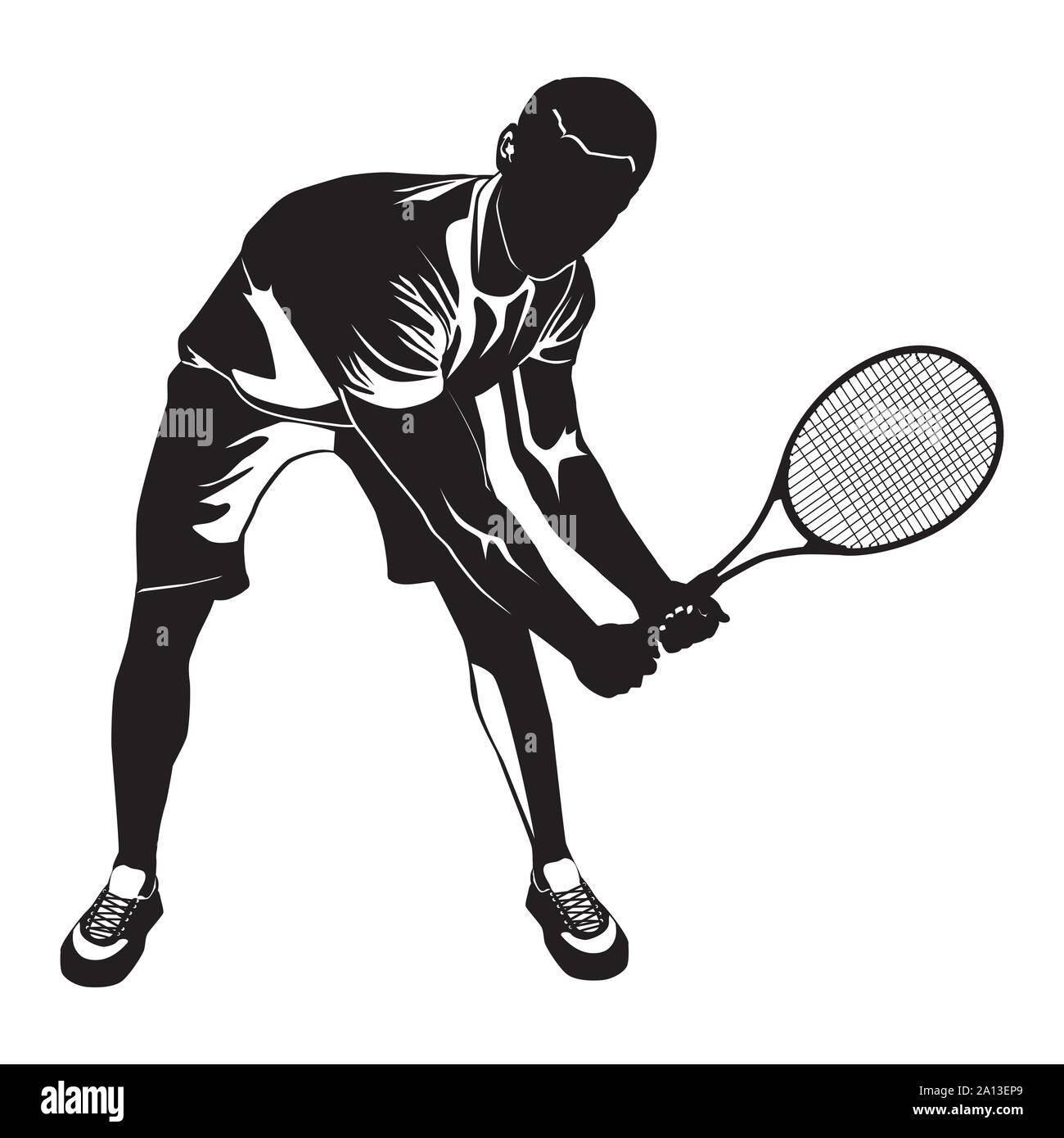 Tennis Player schwarze Silhouette auf weißem Hintergrund, Vector Illustration Stock Vektor