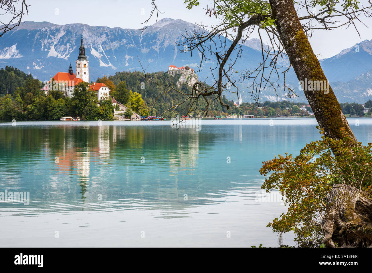 Der See Bled, Slowenien. Blick auf die Kirche der Mutter Gottes auf dem See und casltle auf der Klippe Stockfoto