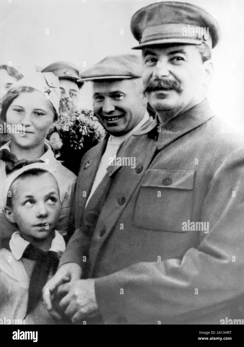 Eine ehrliche Moment mit Joseph Stalin und Nikita Chruschtschow. Stockfoto