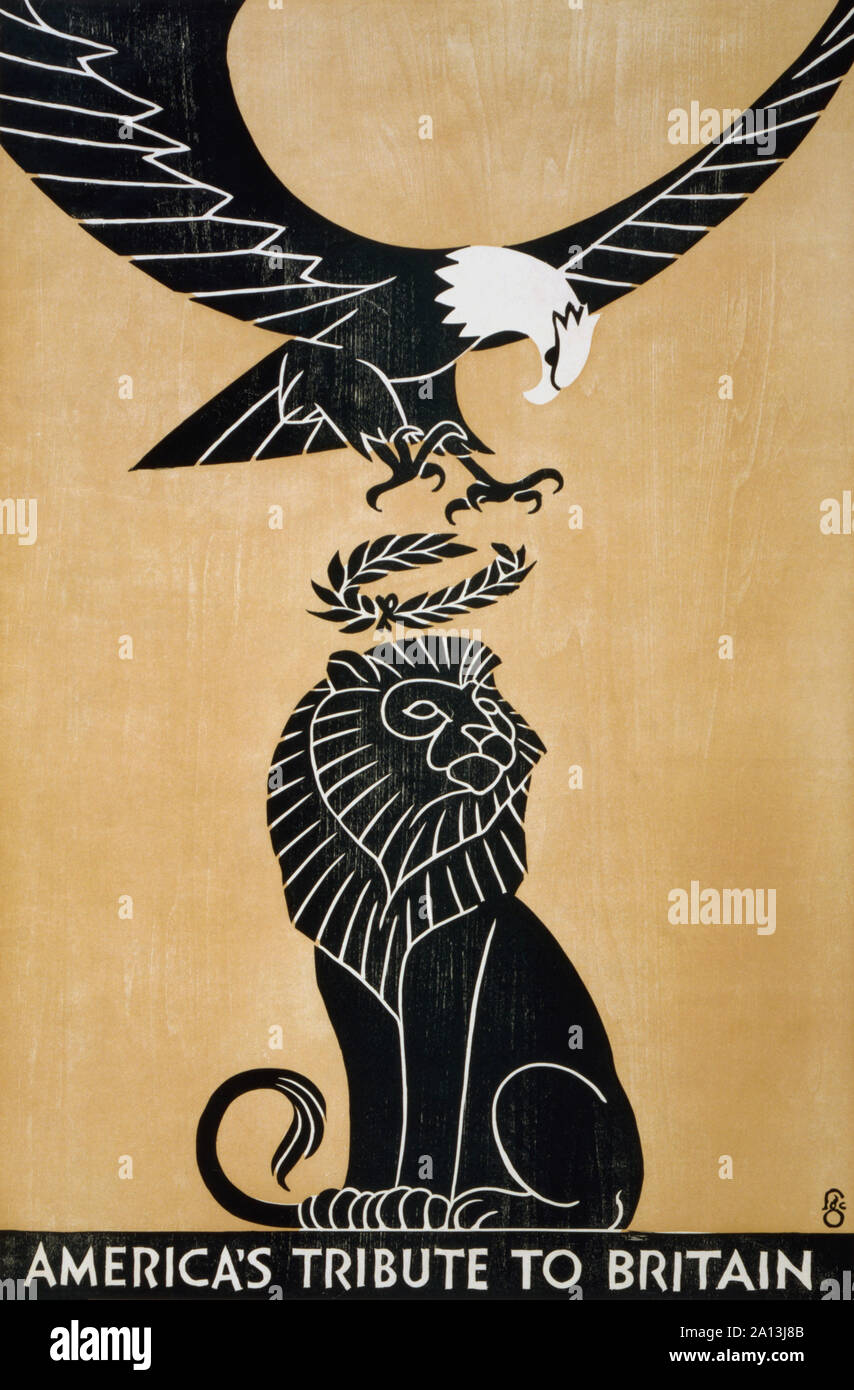 WWI Propaganda Poster, ein Weißkopfseeadler, ein Sieg Kranz auf dem Kopf eines britischen Löwen. Stockfoto