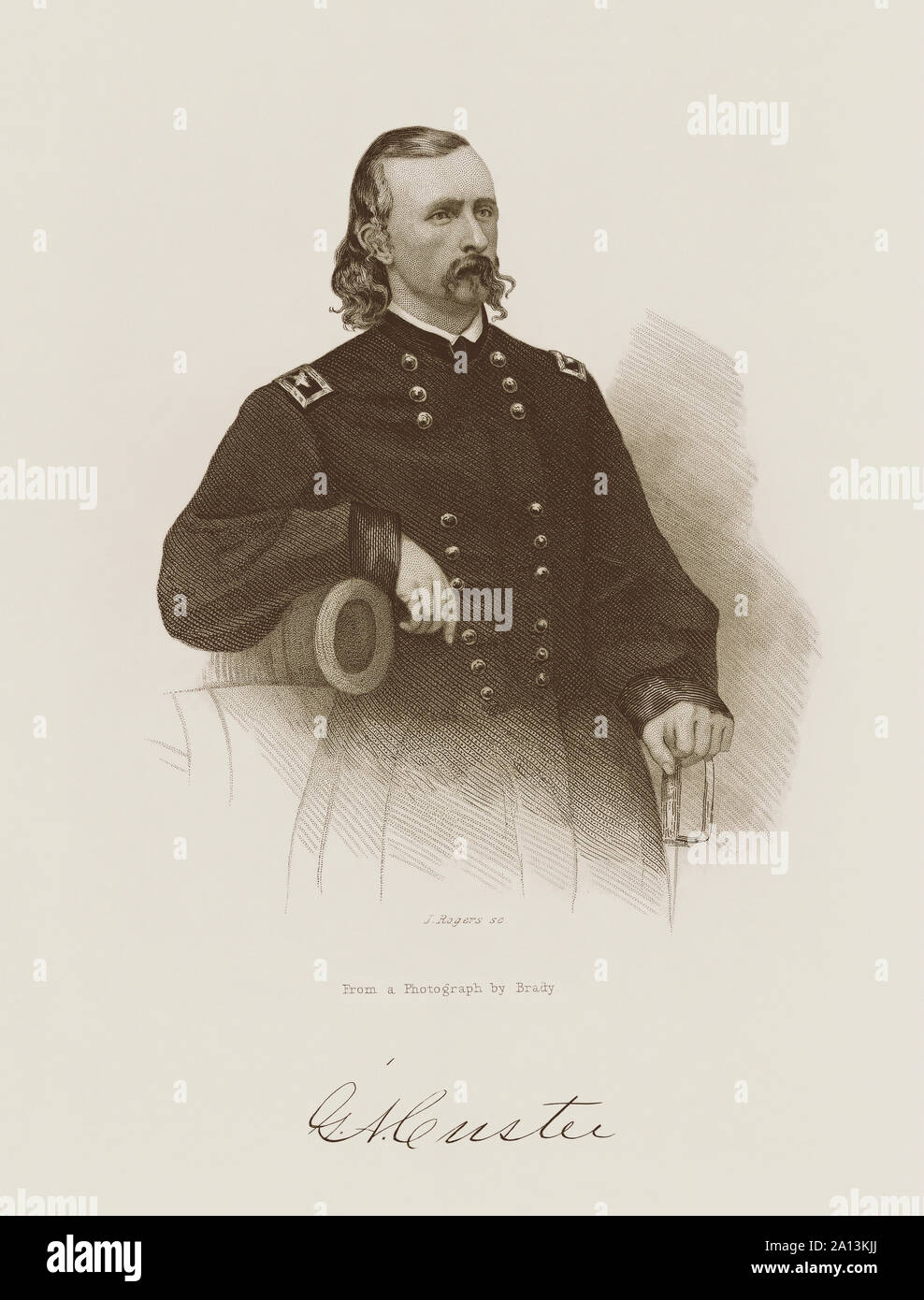 Militärische Geschichte Kupferstich von General George Armstrong Custer, circa 1865. Stockfoto