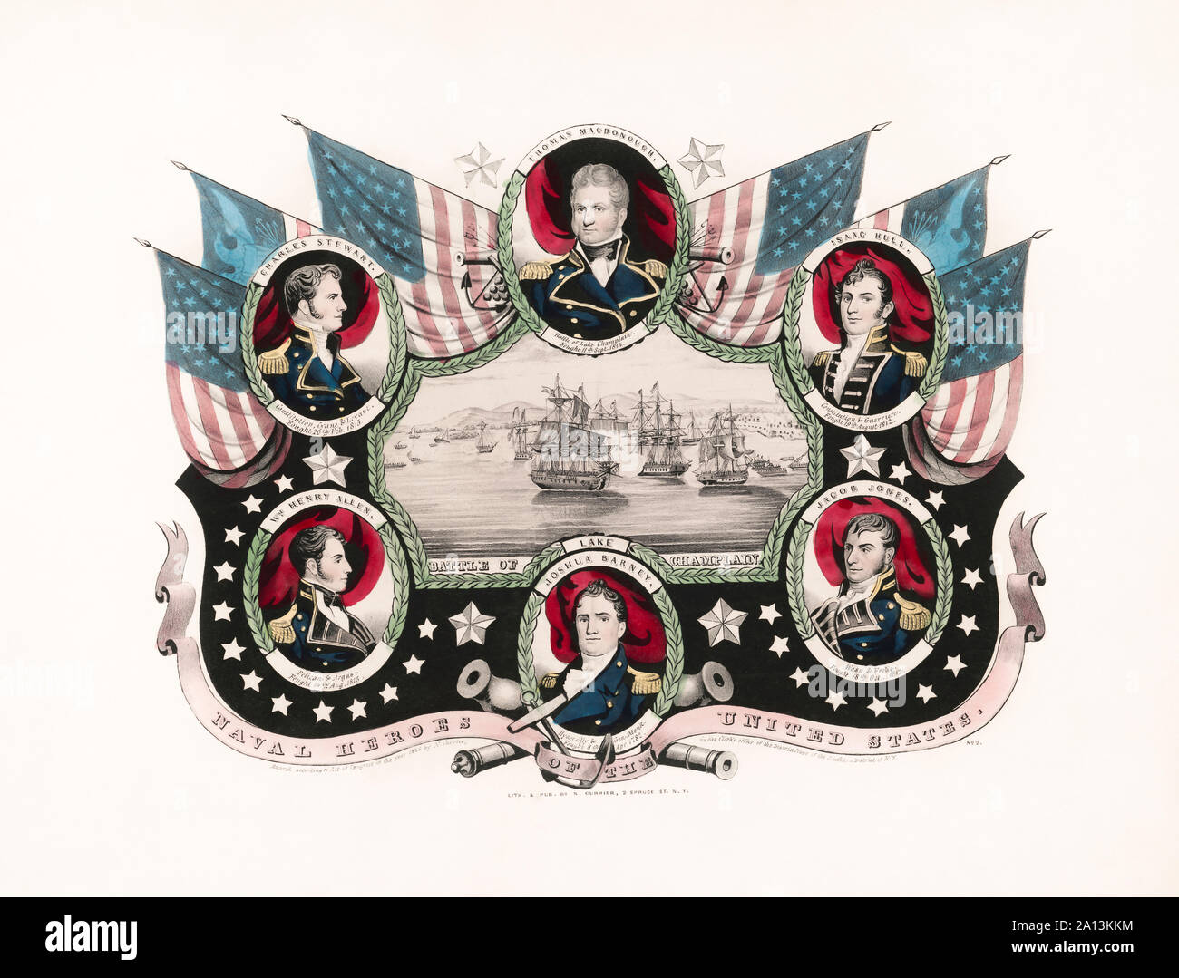 Die Schlacht von Lake Champlain, vom amerikanischen Marineoffiziere umgeben. Stockfoto