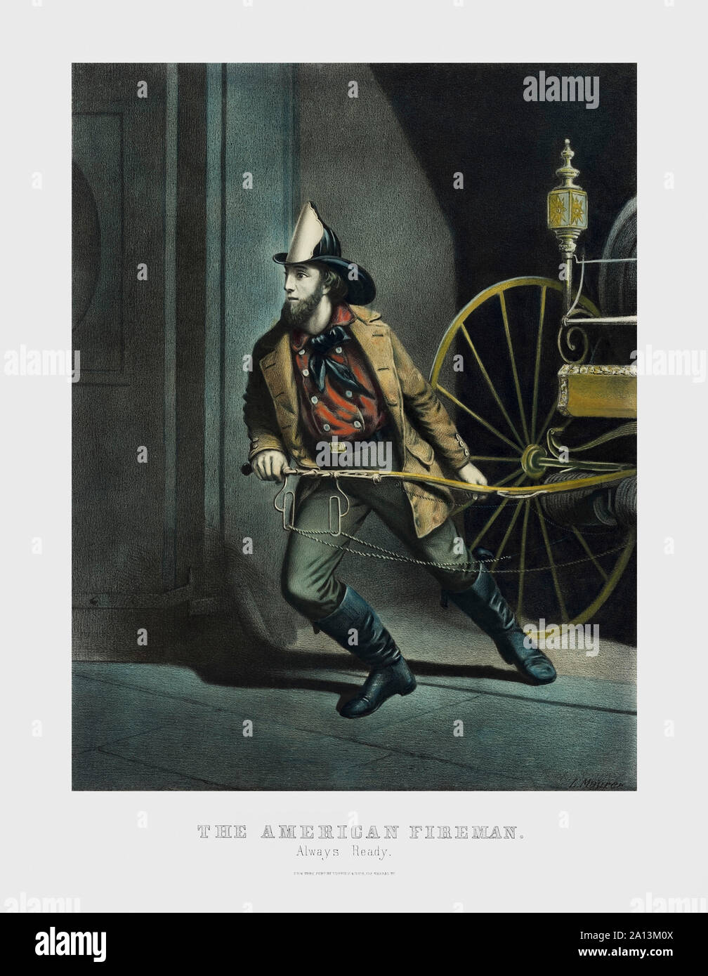 Ein Feuerwehrmann in seinen Mantel und Helm Ziehen einer Kutsche Feuerwehr. Stockfoto