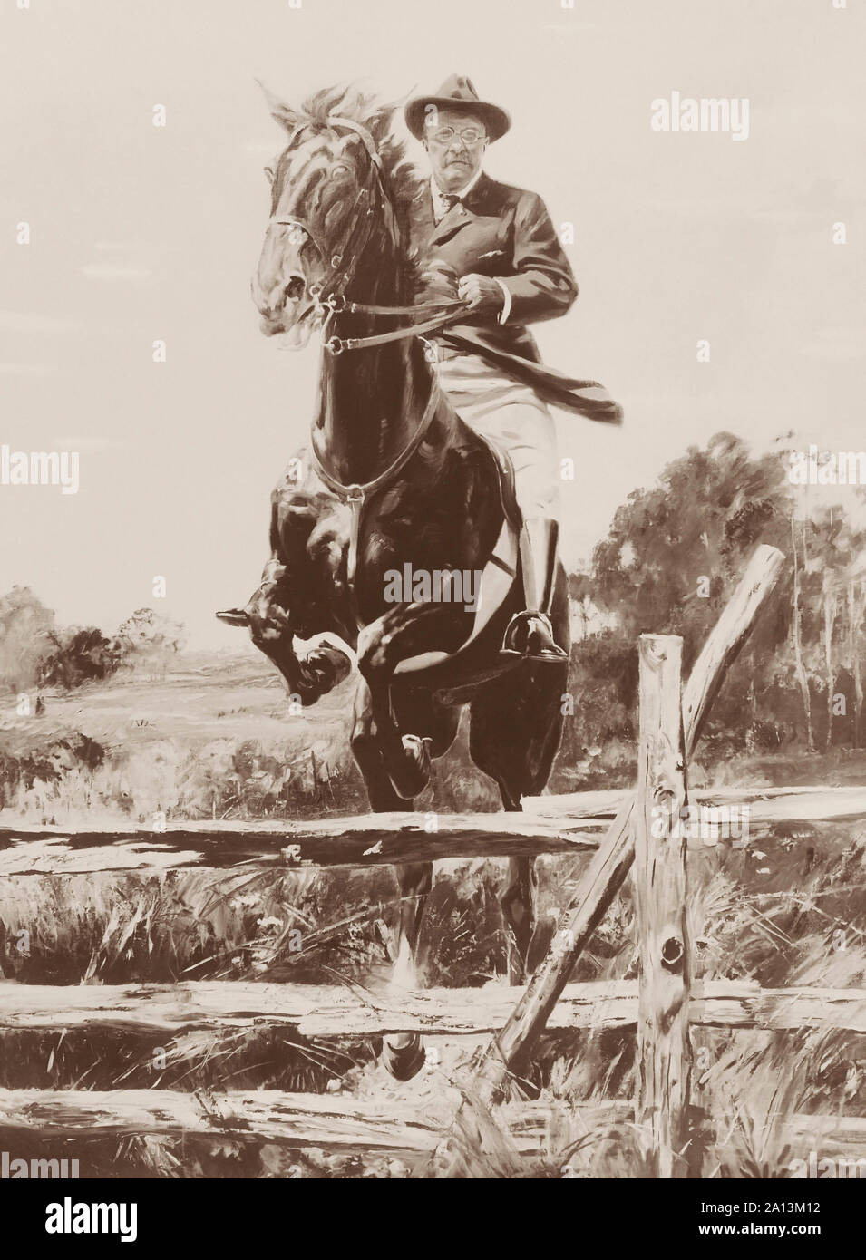 Malerei Von Theodore Roosevelt Ein Pferd Springt Uber Einen Zaun Stockfotografie Alamy