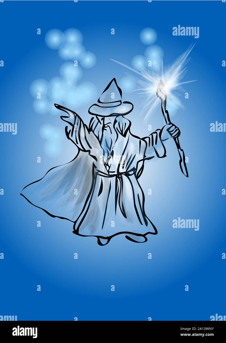 Wizard auf Blau Wizard seinen Zauberstab schwenken Stock Vektor