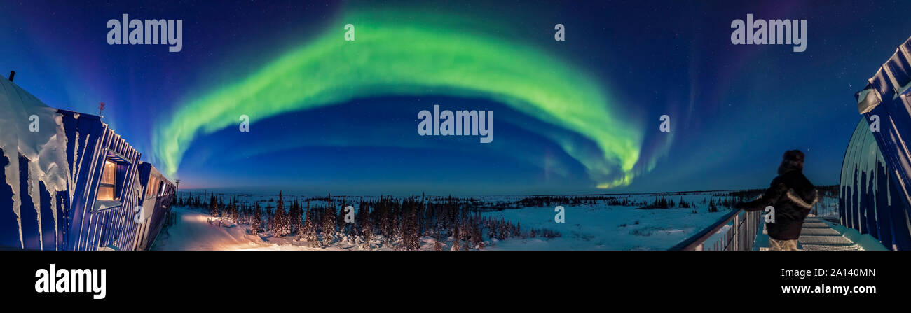 180 Grad Panorama von einem polarlicht, ovale, über die in der Dämmerung Himmel, Churchilla, Kanada. Stockfoto