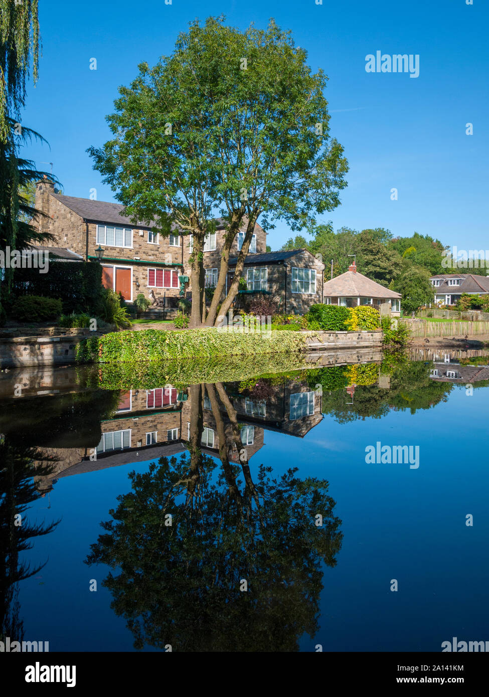 Ein Haus und ein Baum im Ashton Canal an Audenshaw, Tameside, Manchester, UK wider Stockfoto