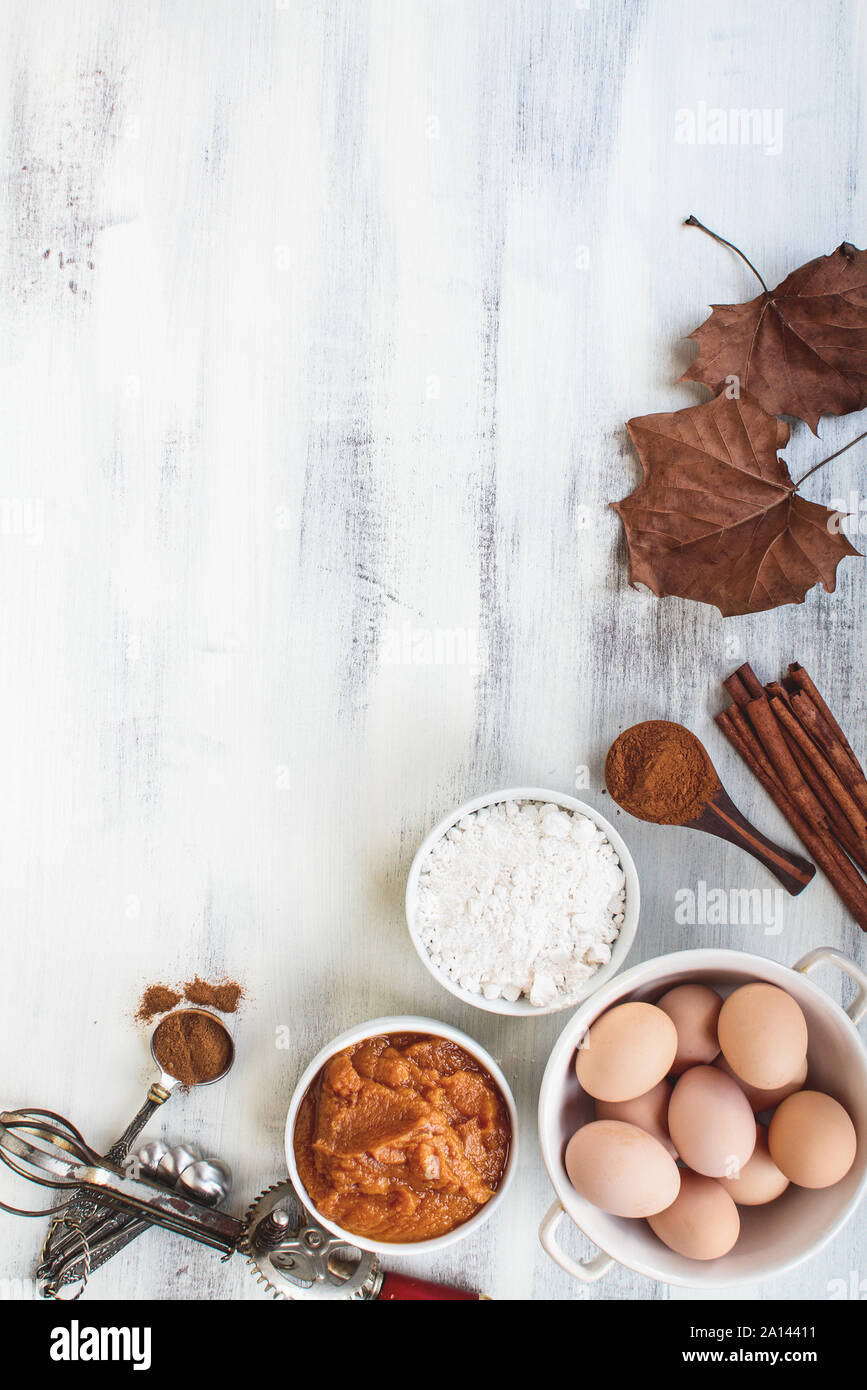Bestandteile von kürbispüree, Mehl, Zimt und braune Eier mit getrockneten Blätter im Herbst über ein Licht im Hintergrund. Kürbis Brot oder Muffin Rezept. Stockfoto