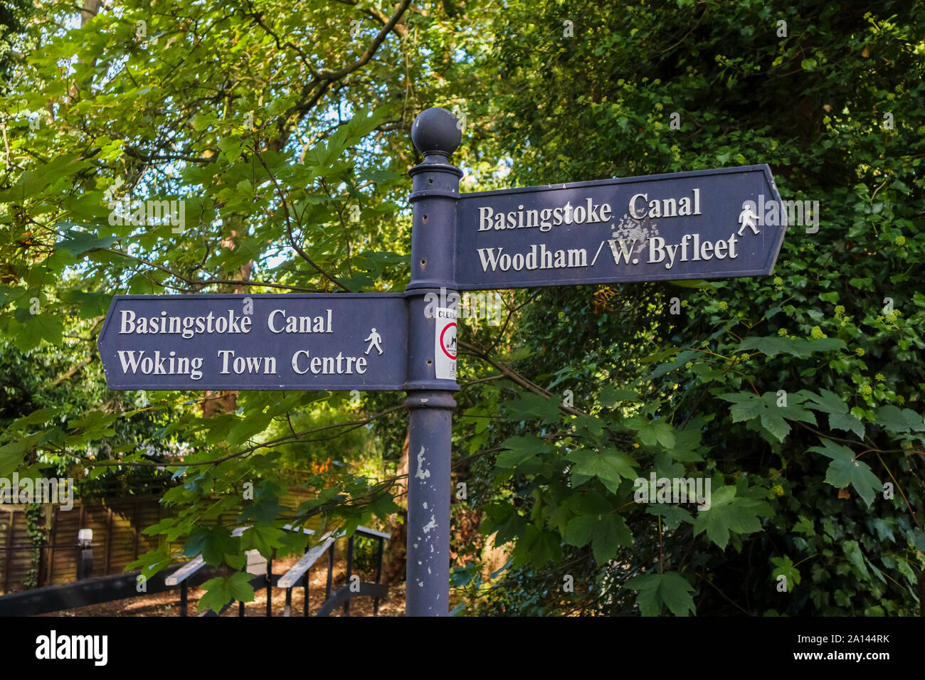 Wegweiser auf der öffentlichen Fußweg Leinpfad auf der Basingstoke Canal in der Nähe von Woking Maybury mit Wegbeschreibungen, die auf Örtliche Sehenswürdigkeiten Stockfoto