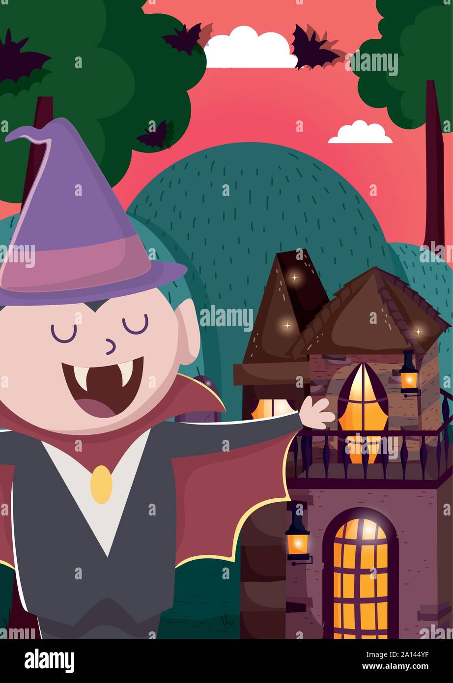 Dracula mit Hut schloss Trick oder Festlichkeit - happy halloween Vector Illustration Stock Vektor