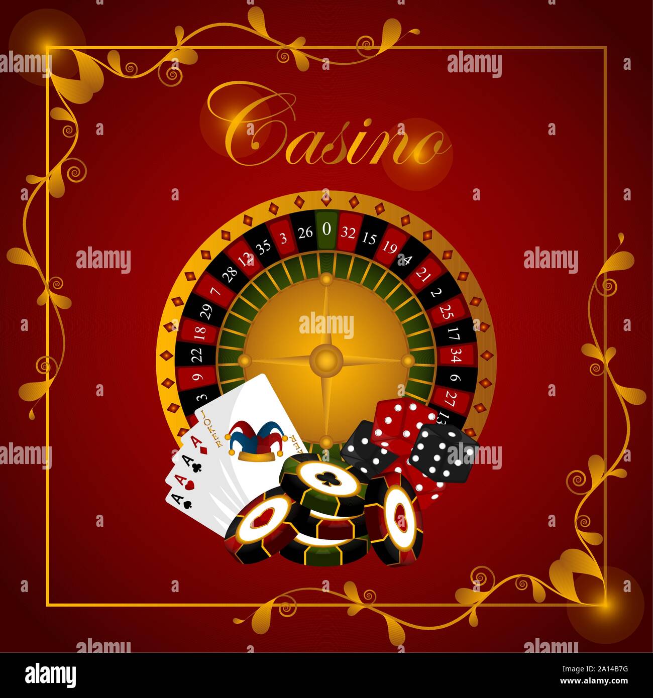 Casino Poster mit Roulette, Karten, poker chips nad Würfel-Vektor Stock Vektor