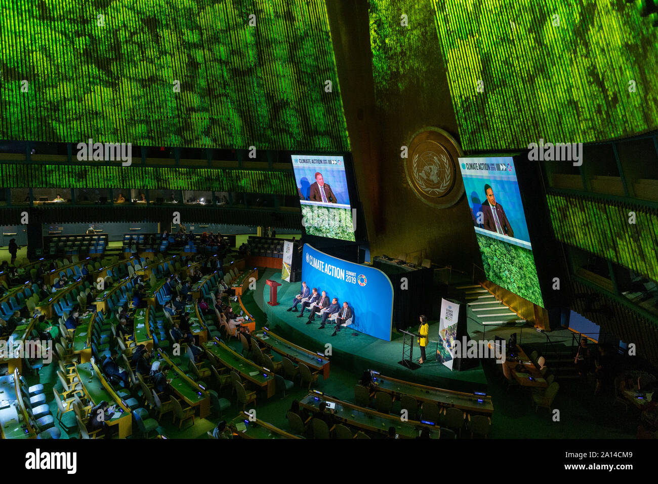 New York, NY - 23. September 2019: Atmosphäre während der Diskussionen auf Klimaschutz Gipfel 2019 am Sitz der Vereinten Nationen Stockfoto