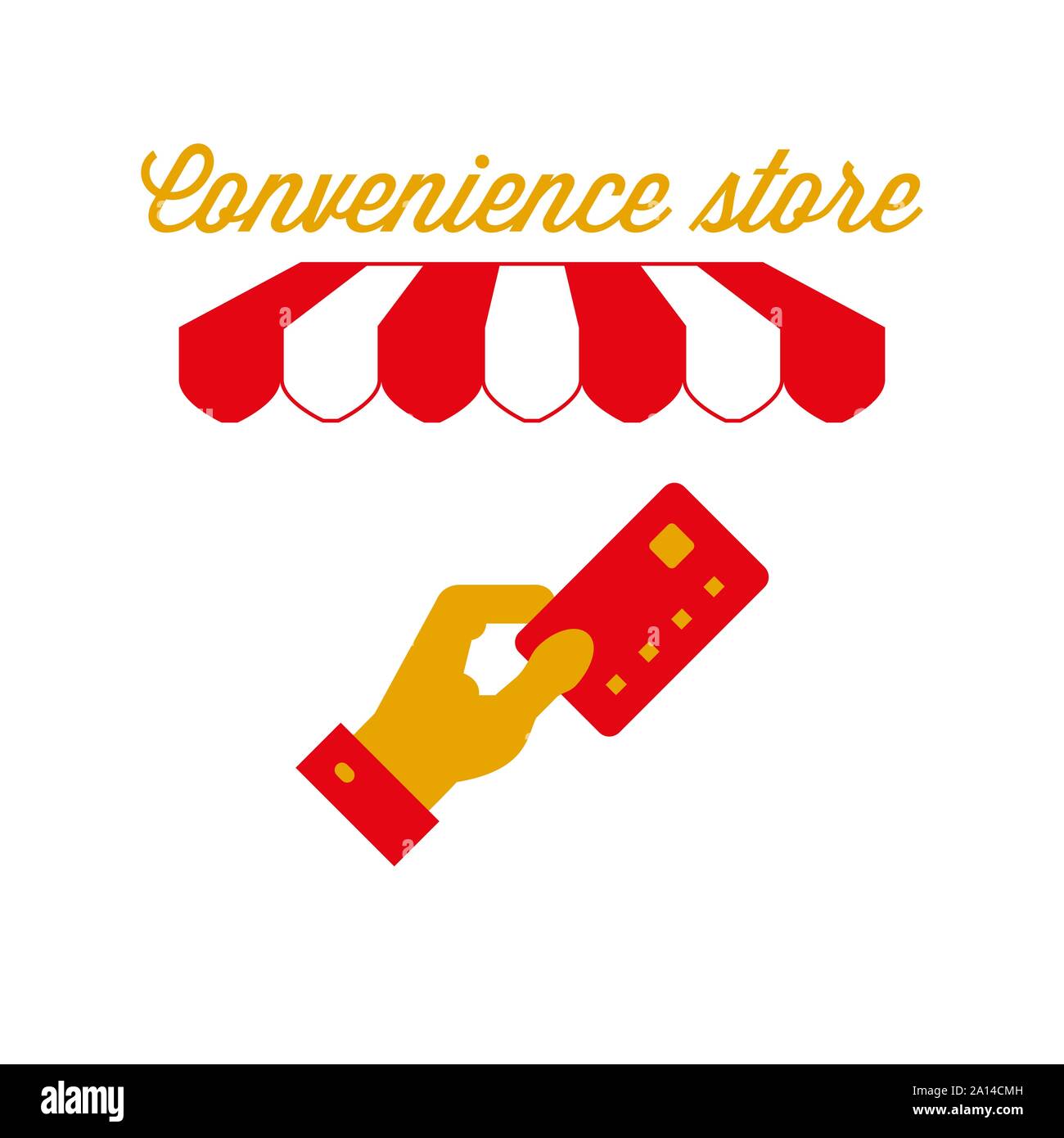 Convenience Store Zeichen, Emblem. Rot-weiß gestreiften Markise Zelt. Zahlung per Kreditkarte. Goldene und rote Farben. Flache Vector Illustration. Stock Vektor