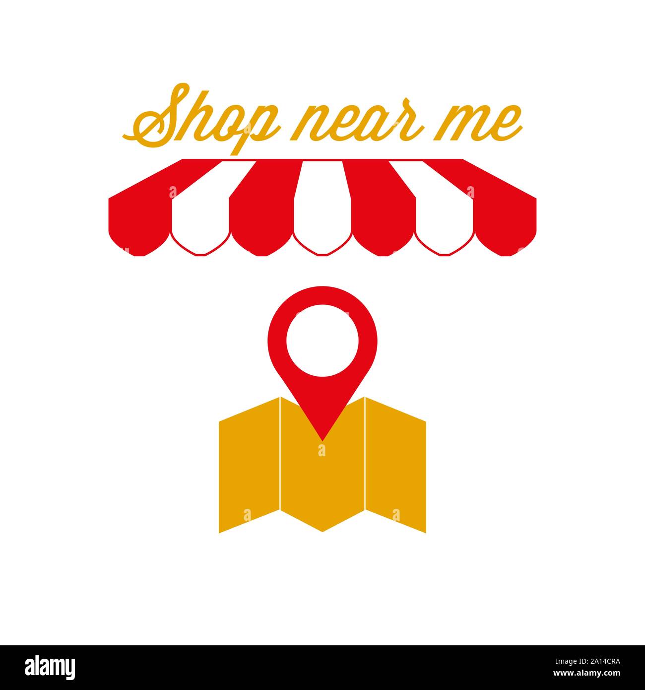 Shop in der Nähe von mir, in der Nähe der Home Zeichen, Emblem. Rot-weiß gestreiften Markise Zelt. Speicherort, Karte Pin Symbol. Goldene und rote Farben. Flache Vector Illustration. Stock Vektor