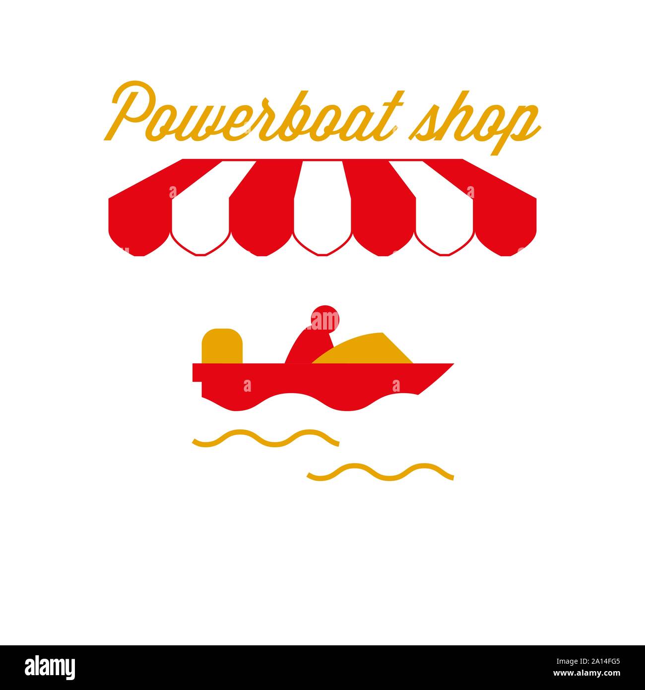 Motorboot Shop Zeichen, Emblem. Rot-weiß gestreiften Markise Zelt. Motorboot, Schnellboot Symbol. Goldene und rote Farben. Flache Vector Illustration. Stock Vektor