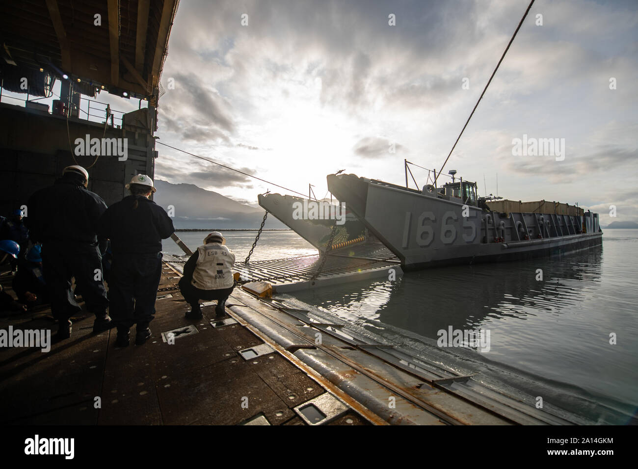 SEWARD, Alaska (September 19, 2019) - Landing Craft, Utility (LCU) 1665, zum Angriff Craft Unit (ACU) (1), vorübergehend Mauren bis zum Heck Tor an Bord der Amphibischen dock Landung Schiff USS Comstock (LSD 45) als Teil der Arktis dislozierbare Fähigkeiten Übung (AECE) 2019 zugeordnet. Rund 3.000 U.S. Navy und Marine Corps Personal an AECE 2019, eine gemeinsame Übung, dass Tests expeditionary logistischen Fähigkeiten in der arktischen Region und bereitet gemeinsam Krisen in der gesamten Indopazifischen zu reagieren. (U.S. Marine Foto von Mass Communication Specialist 2. Klasse Nicholas Bu Stockfoto