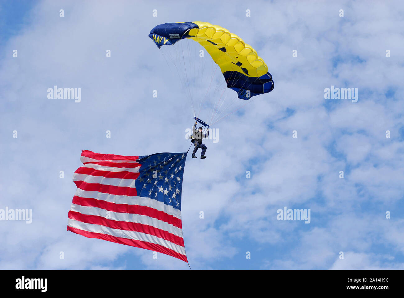 Mitglied der U.S. Navy Fallschirm demonstration Team, den Sprung Frösche, kommt für eine Landung. Stockfoto