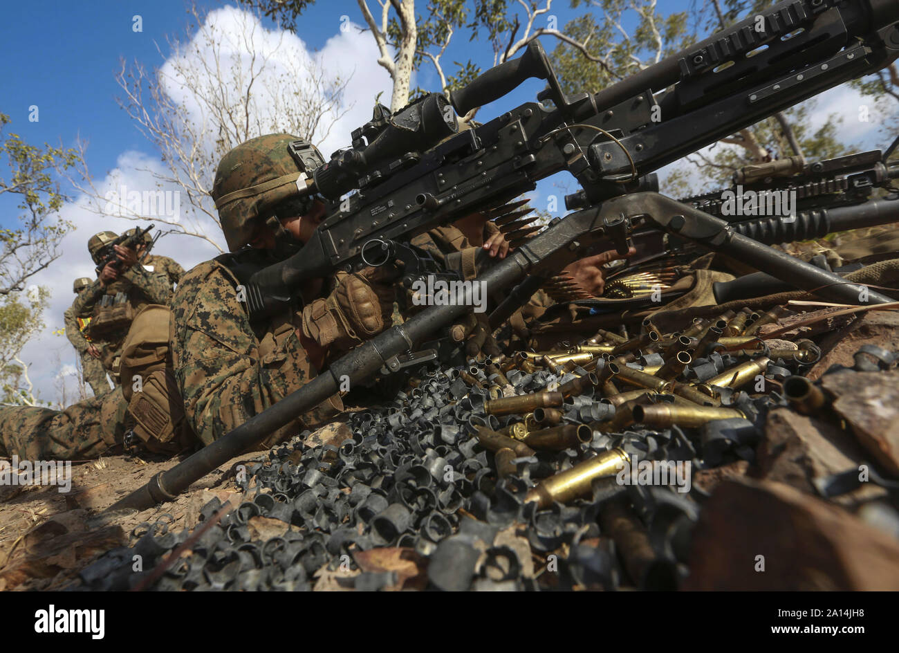 Us-Marine feuert seine M240B medium Maschinengewehr. Stockfoto