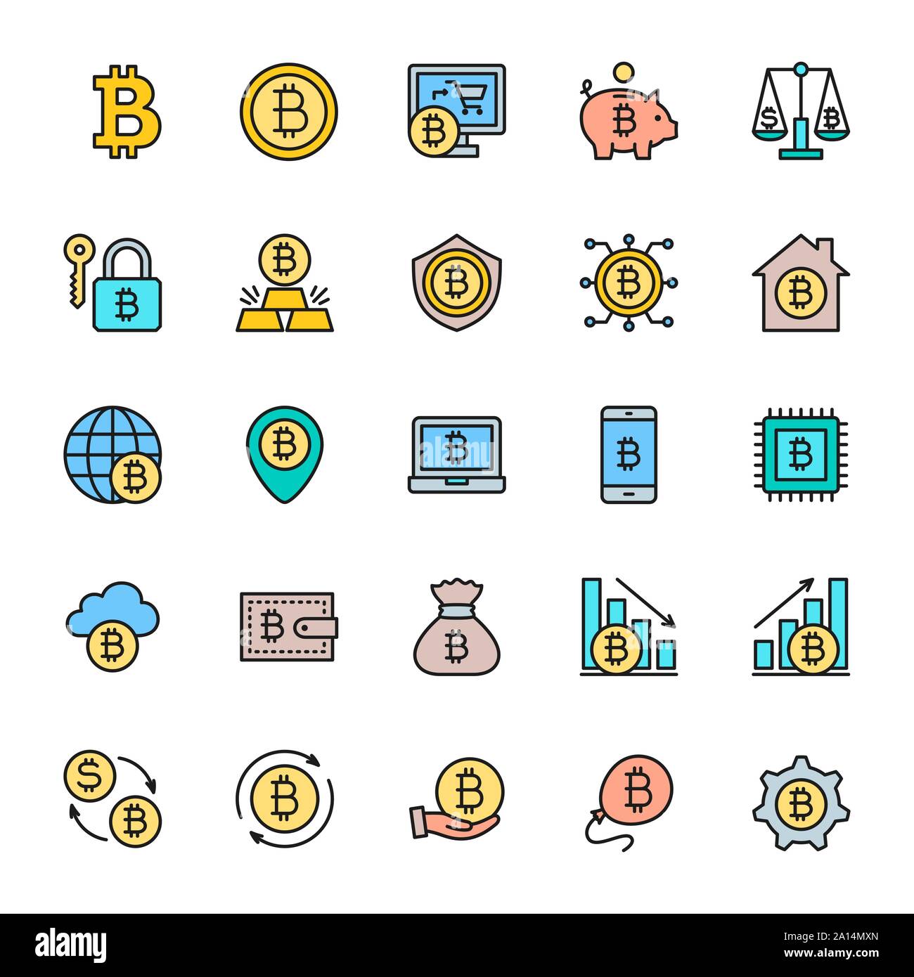 Satz von Bitcoin und Cryptocurrency flachen Farbe Symbole. Packung mit 48 x 48 Pixel Icons Stock Vektor