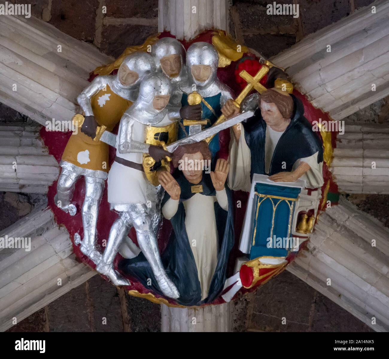 Dach-Chef, Mord an Thomas Becket in Canterbury, die Kathedrale von Exeter, Devon, Großbritannien Stockfoto