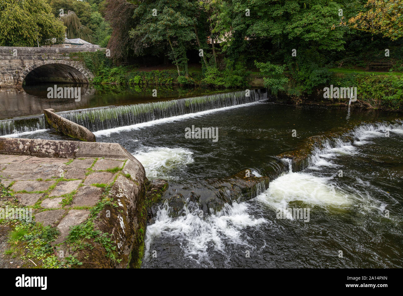 Wehr und Brücke über dem Fluss tavy an der Tavistock, Devon Stockfoto
