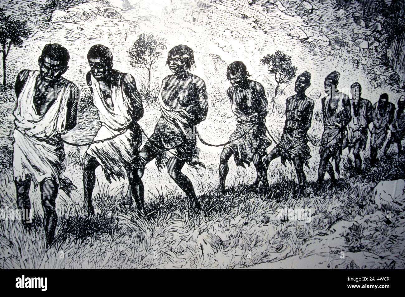 Slave Festung Fort Elmina in Cape Coast, Ghana. Präsentation der Slave Märsche im Museum Teil der Festung--- Sklavenfestung Fort Elmina und Cape Coast, Ghana. Darstellung von Sklavenmärschen im museumsteil der Festung Stockfoto