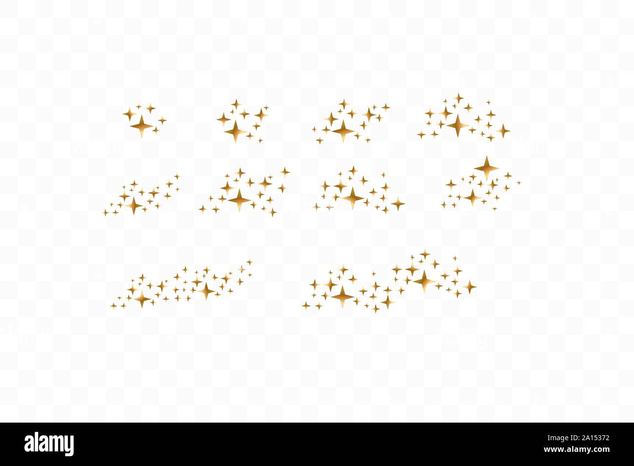 Satz von golden Sternschnuppen. Wolke von goldenen Sternen auf Transparenten Hintergrund isoliert. Vector Illustration. Meteoroid, Kometen, Asteroiden, Sterne Stock Vektor