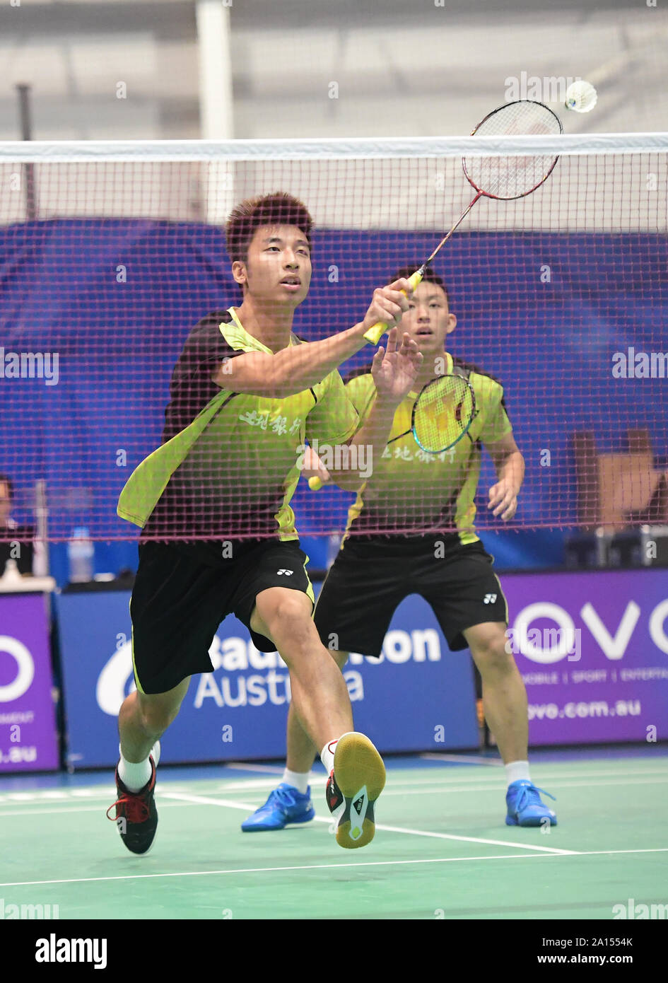 Chen Xin-Yuan und Lin Yu Chieh (Chinese Taipei) sind in Aktion während der 2019 Sydney International Herren Doppel Halbfinale Spiel gegen Cai Rui Qing und Si Jie Zhang (China) gesehen. Chan und Lin gewann das Match 21-14, 19-21, 21-16. Stockfoto