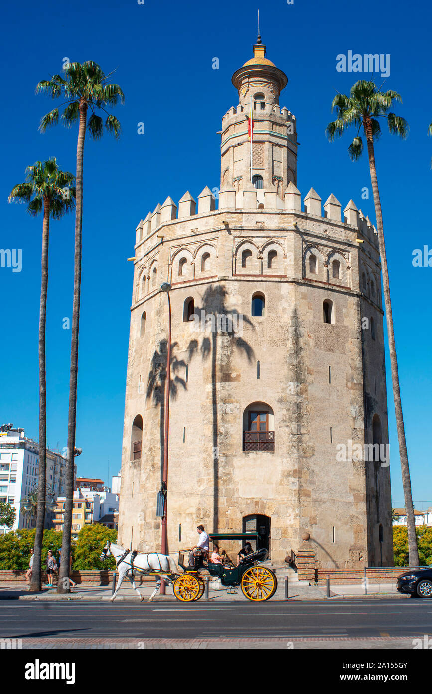 Sevilla Torre del Oro, Blick auf den Maurischen Turm Torre del Oro von Gold in der Altstadt von Sevilla, Andalusien, Spanien. Stockfoto