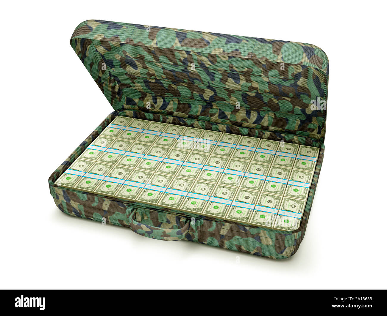 Camouflage Aktentasche mit US-Dollar innen Stockfoto