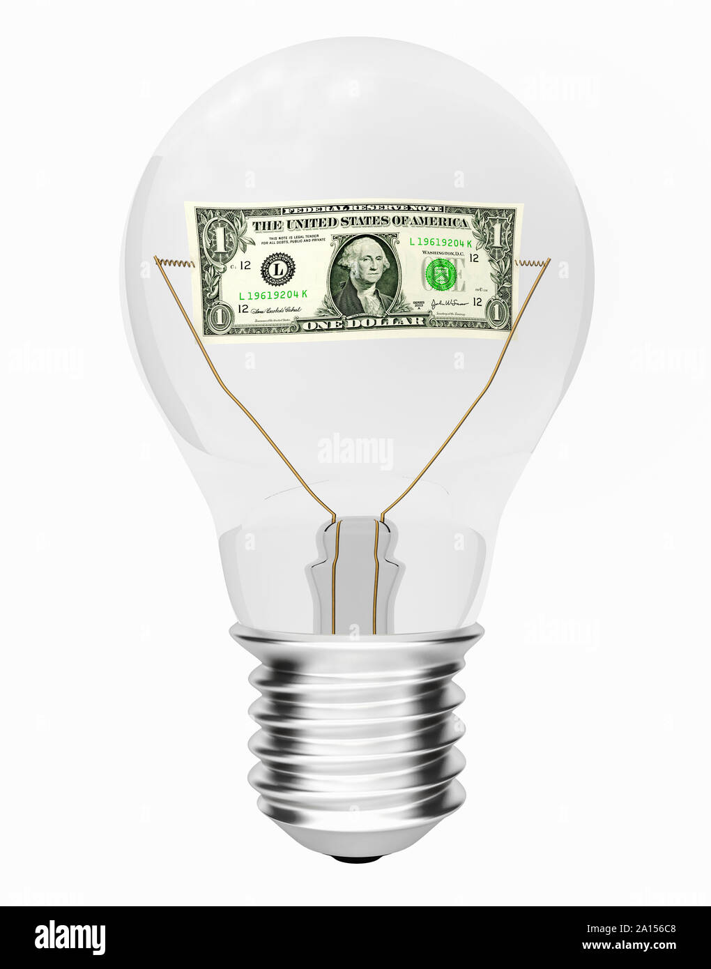Glühbirne mit einem Dollar Bill innen - Kosten für Energie Konzept Stockfoto