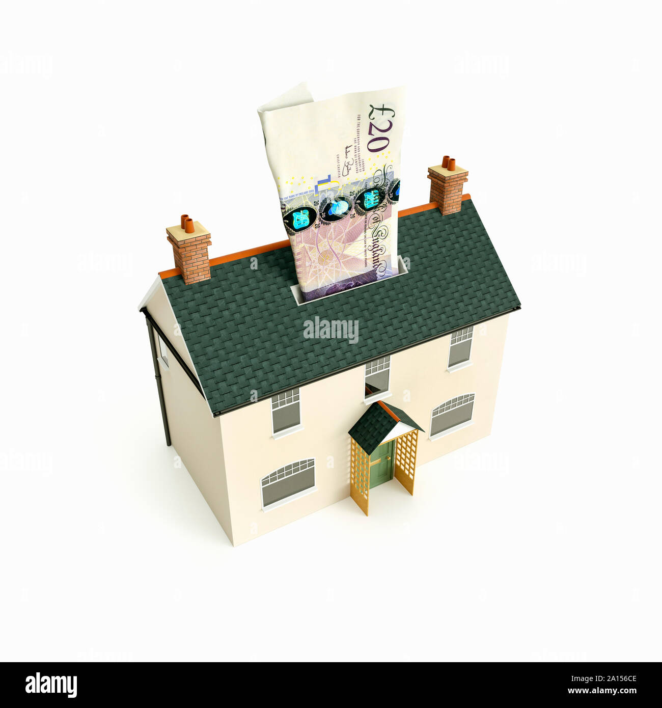 Geld, Haus mit Großbritannien GBP Sterling 20 Pfund Hinweis Papier Währung Stockfoto