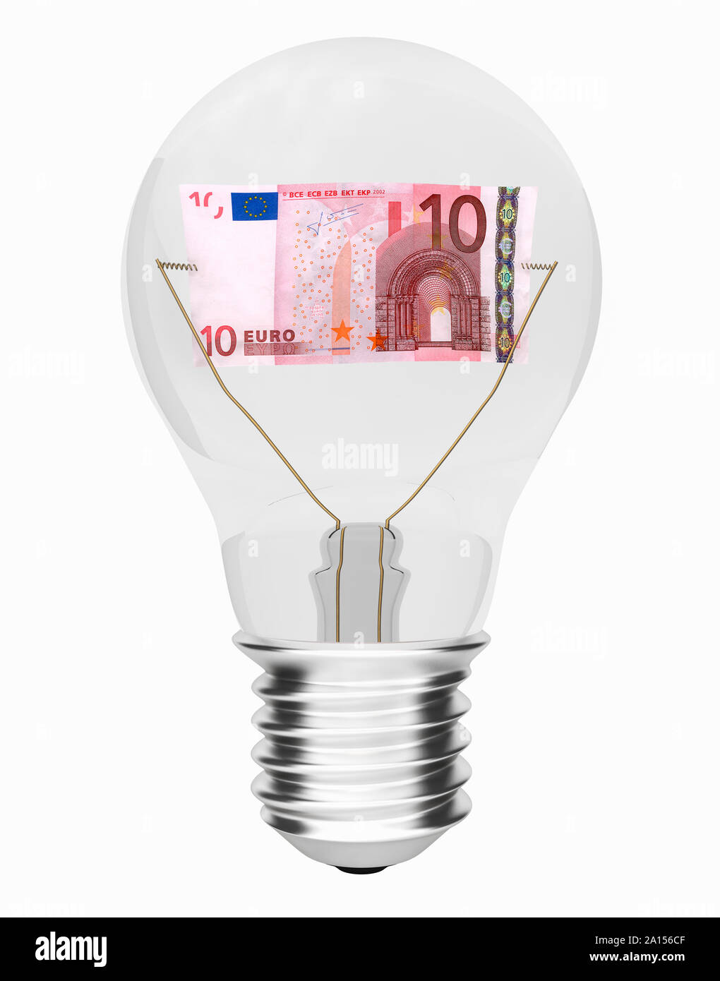 Glühbirne mit 10-Euro-Banknote innerhalb - Kosten für Energie Konzept Stockfoto