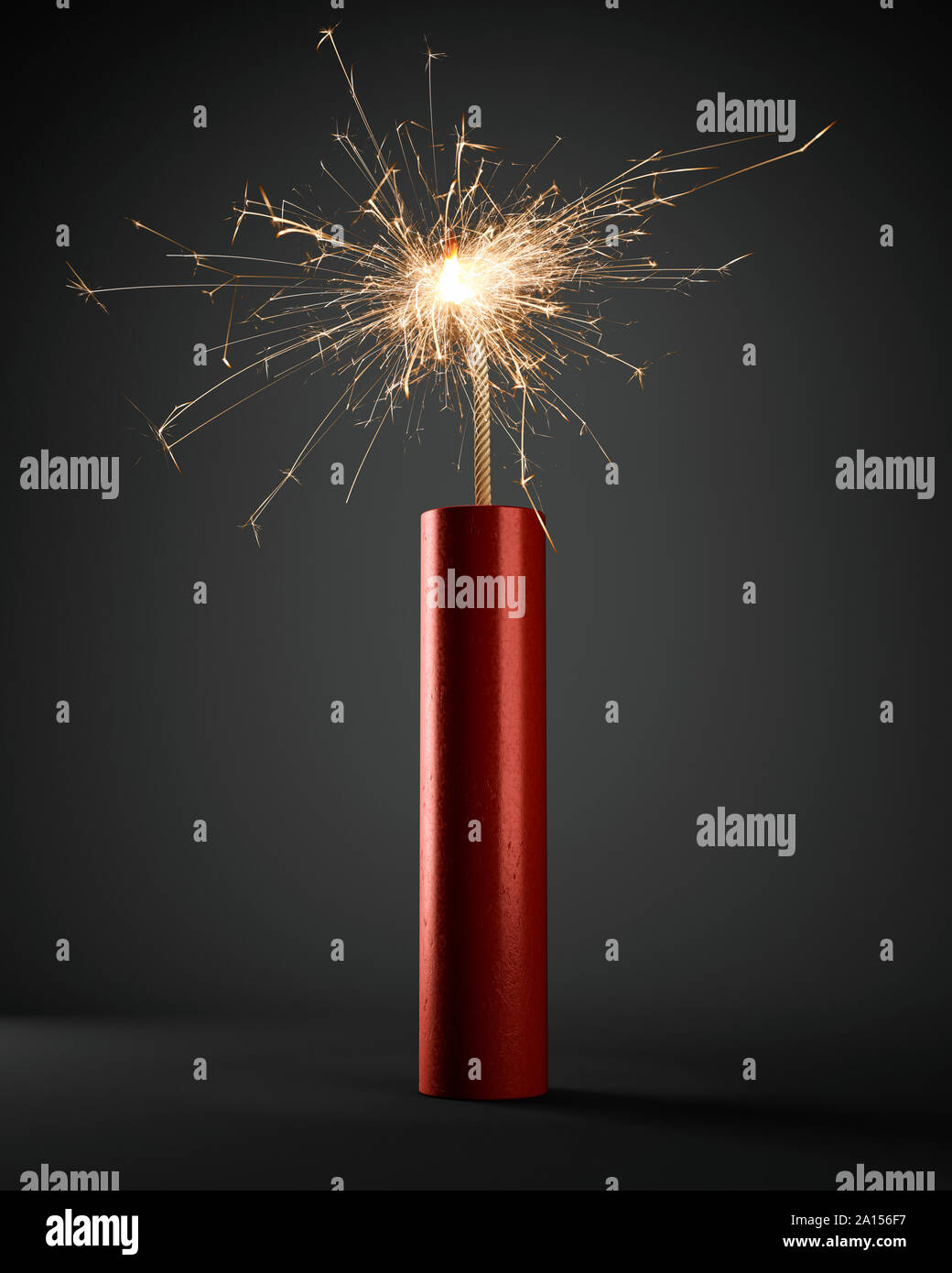 Dynamit-Stick mit brennender brennender brennender Zündschnur Stockfoto