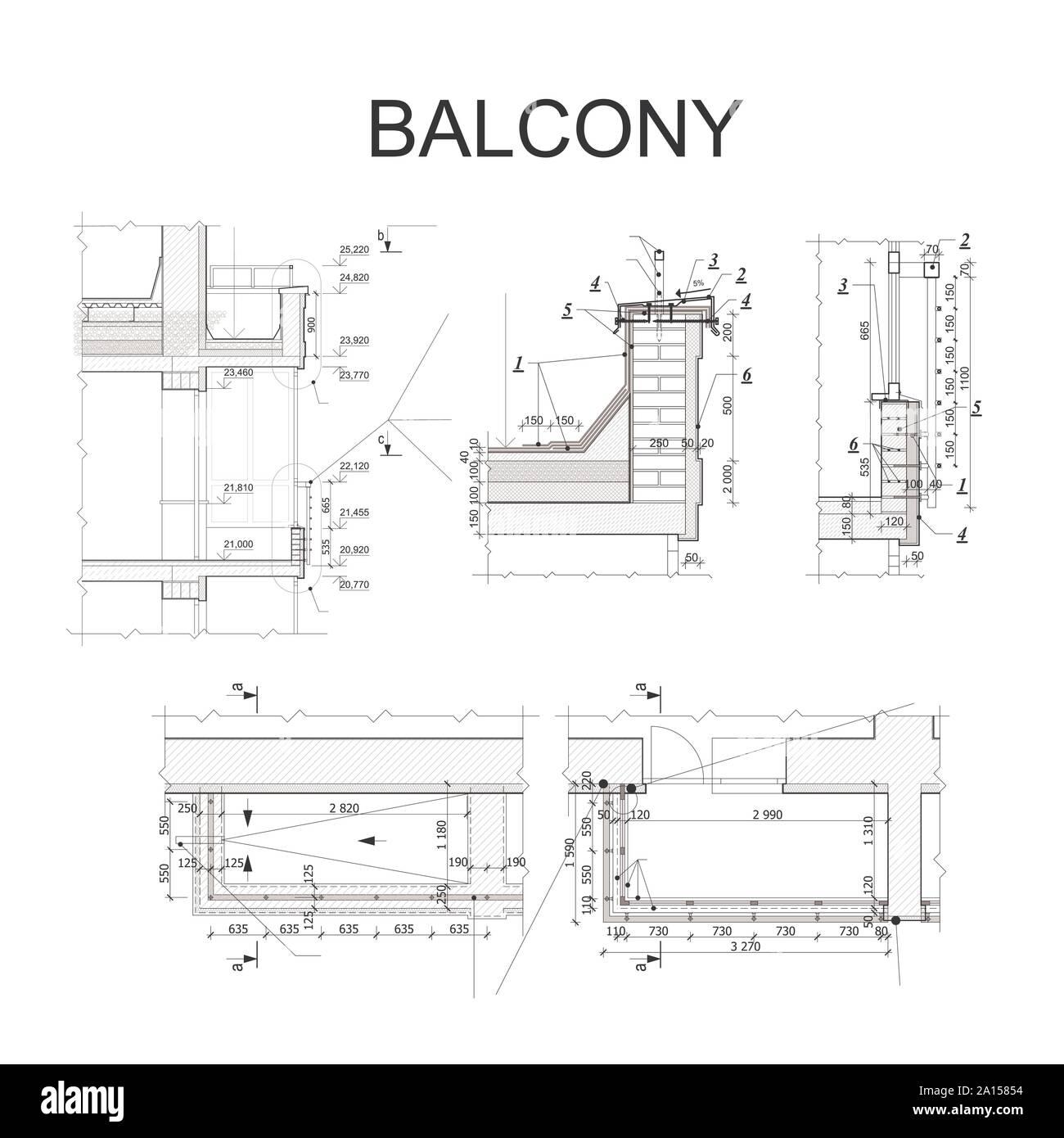 Detaillierte architektonischen Plan, eine Blaupause der Balkon. Vector Illustration Stock Vektor
