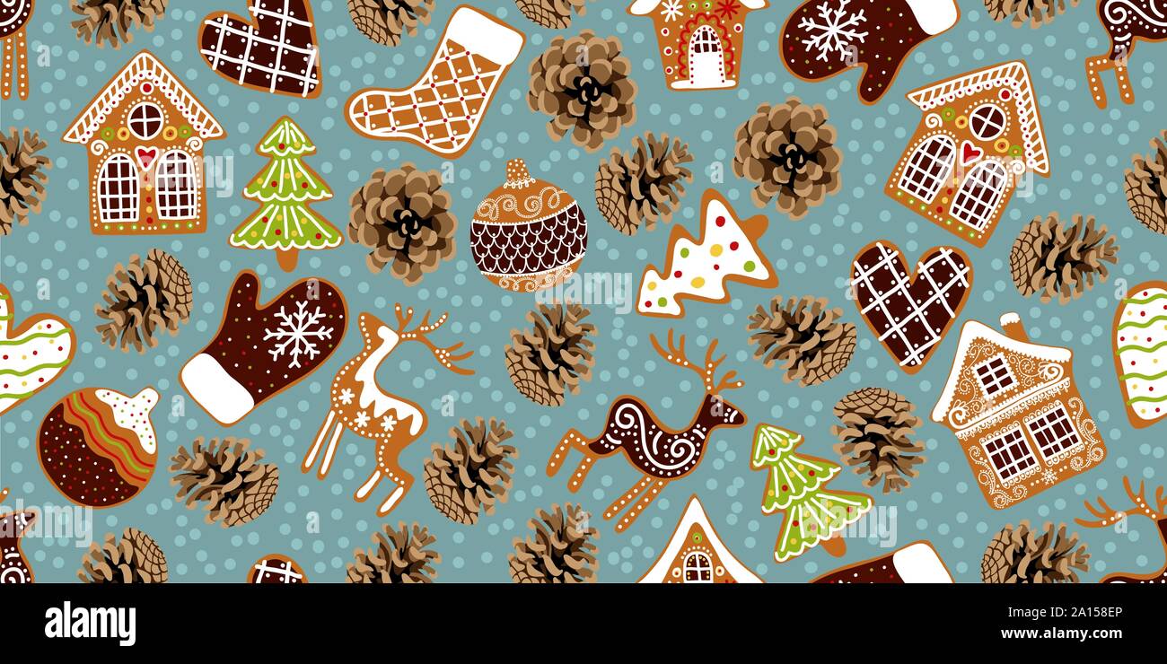 Weihnachten und ein glückliches Neues Jahr horizontale nahtlose Muster. Endlose cartoon Vektor mit pinienzapfen und Lebkuchen. Stock Vektor