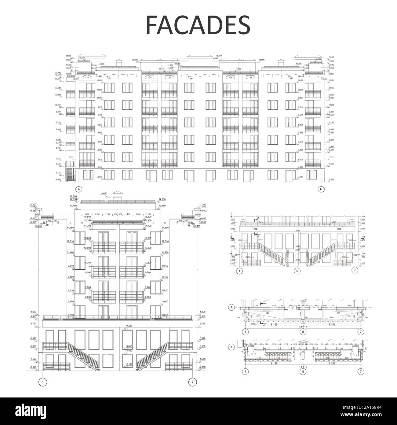 Mehrstöckiges Gebäude, detaillierte technische Zeichnung, Vektor Blueprint Stock Vektor
