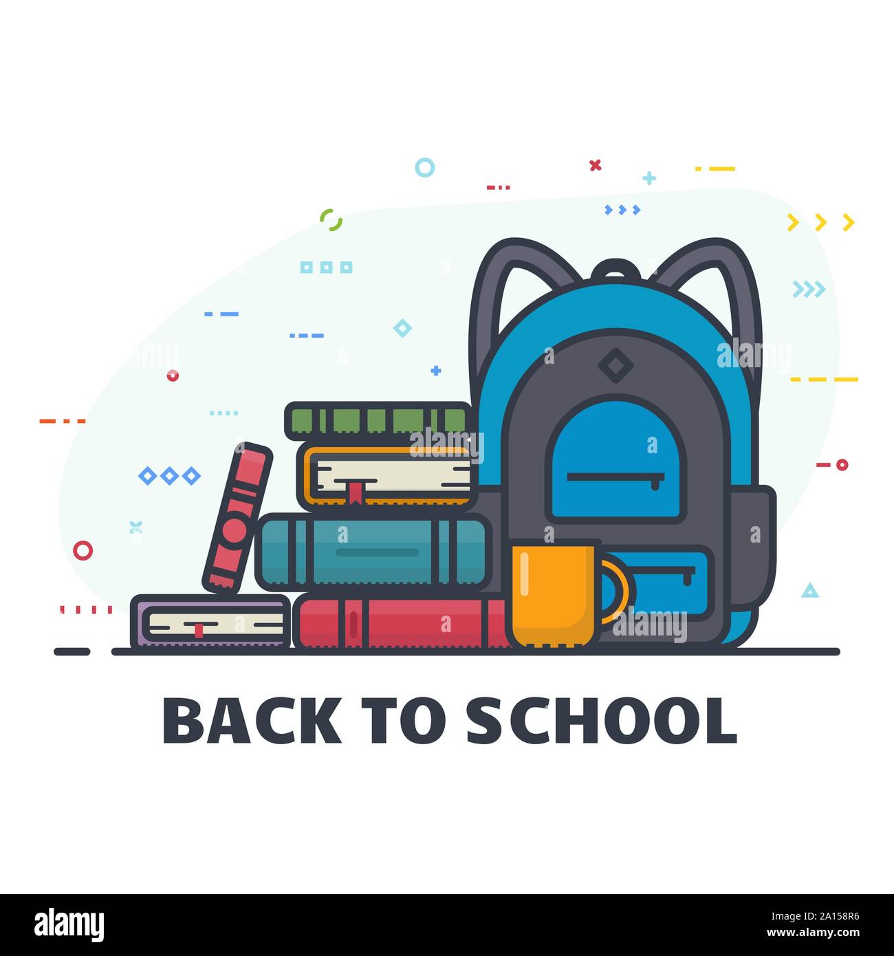 Zurück zu Banner der Schule. Schule Rucksack mit Stapel Bücher. Rucksack für Schüler und Bildung. Bildung und Studium zurück in die Schule back pack. Schultasche Stock Vektor