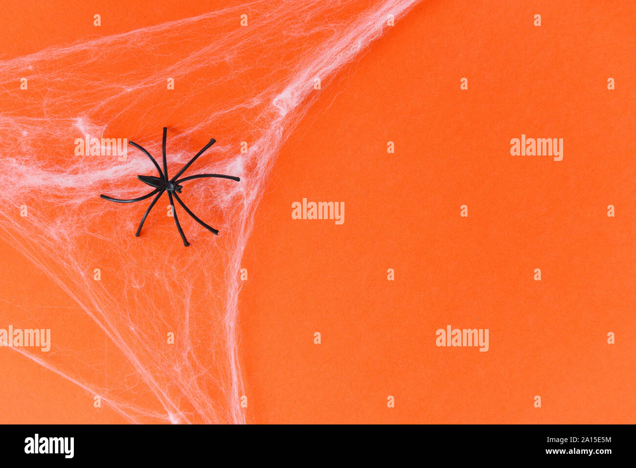 Halloween Hintergrund mit Spinnennetz und schwarze Spinne auf orange Dekorationen Feiertage festliche für Zubehör von Drittanbietern Objekt Konzept Stockfoto