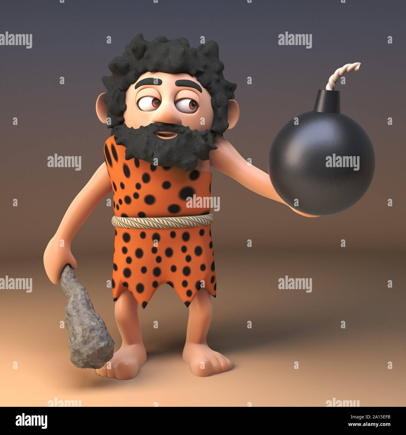 3d Cartoon prähistorischen caveman Charakter mit Schießpulver Bombe, 3d-Grafik rendern Stockfoto