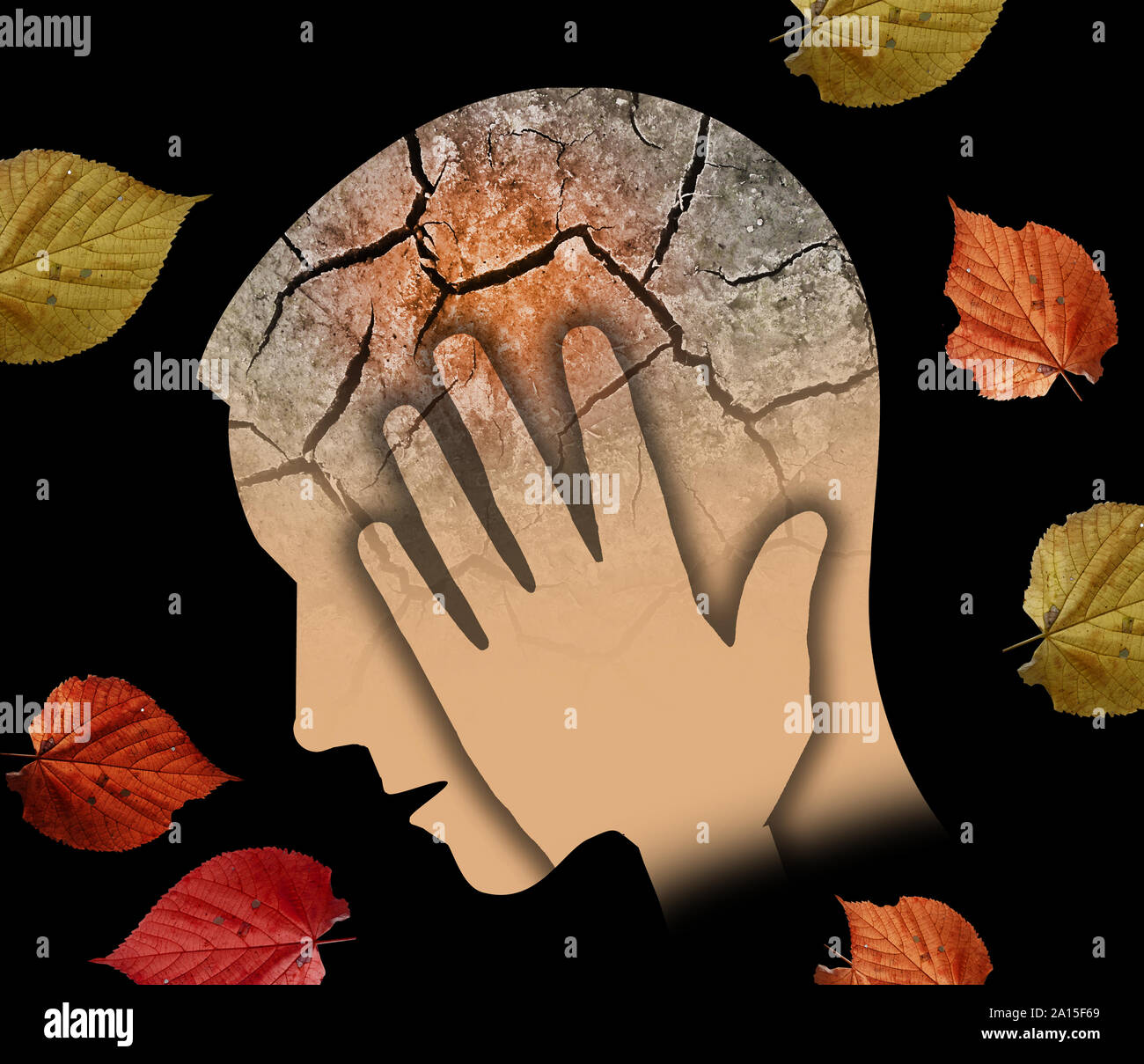 Herbst Traurigkeit und Depression, junger Mann. Stilisierten männlichen Kopf silhouette seinen Kopf Holding. Foto-Montage mit Trockene Rissige Erde und Blätter im Herbst Symbol Stockfoto