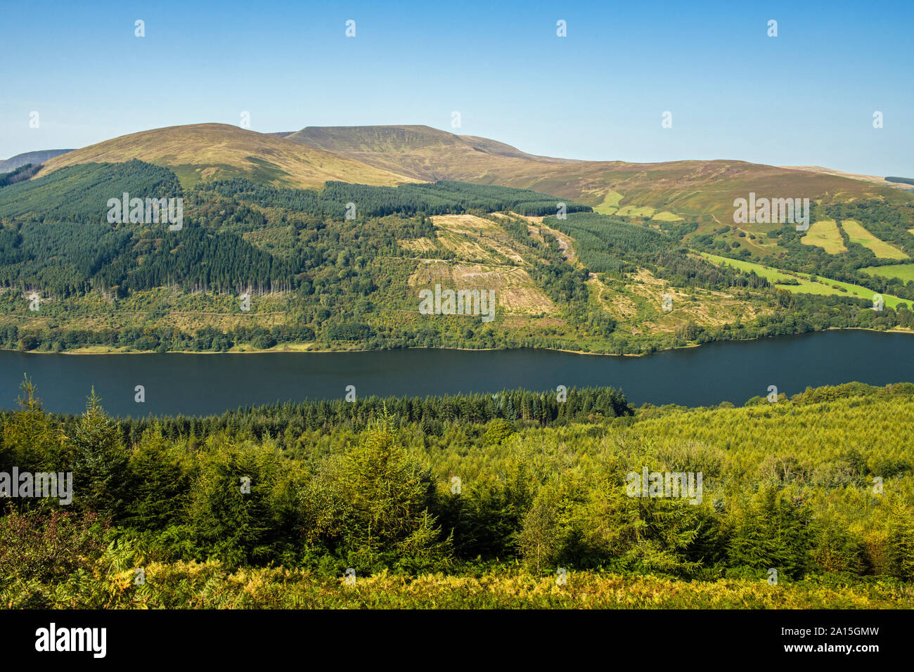 Blick über den Talybont Reservoir nach Wan Rydd an einem sonnigen Spätsommertag in den Central Brecon Beacons. Eine echte zentrale Rundumlandschaft. Stockfoto