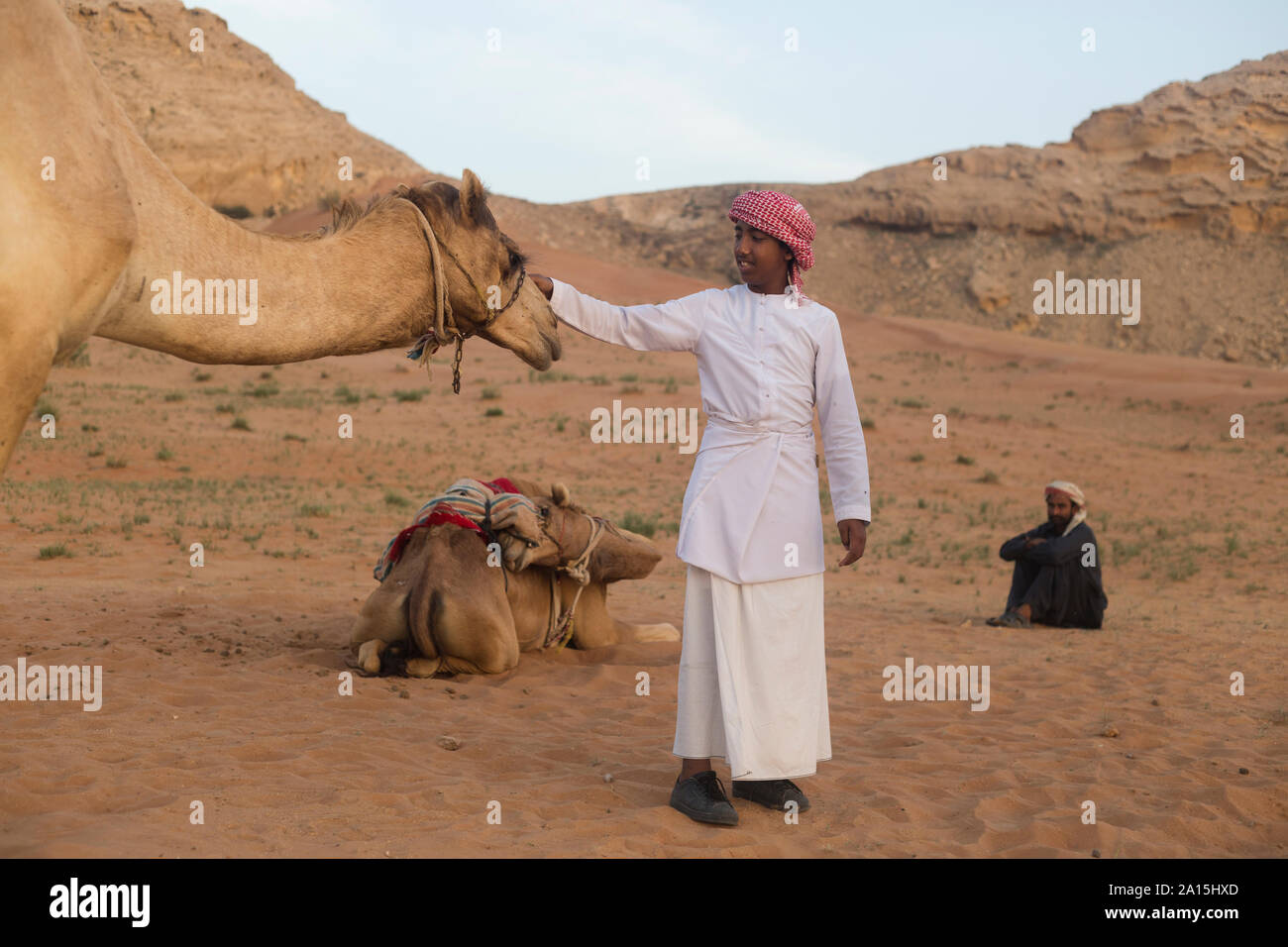 Das Porträt einer winzigen Kind camel Jockey und sein Kamel, Sharjah, VAE im Januar 08, 2019 Stockfoto