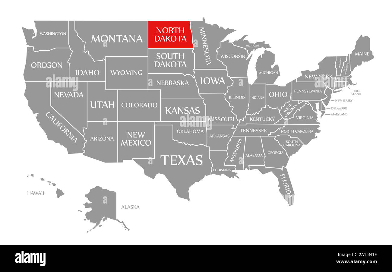 North Dakota rot markiert auf der Karte der Vereinigten Staaten von Amerika Stockfoto