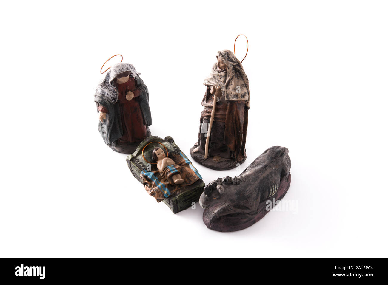 Figuren, die Krippe auf weißem Hintergrund. Jesus, Maria und Jose. Platz kopieren Stockfoto Figuren, die Krippe auf weißem Hintergrund. Jesus, Maria und Jose. Platz kopieren Stockfoto