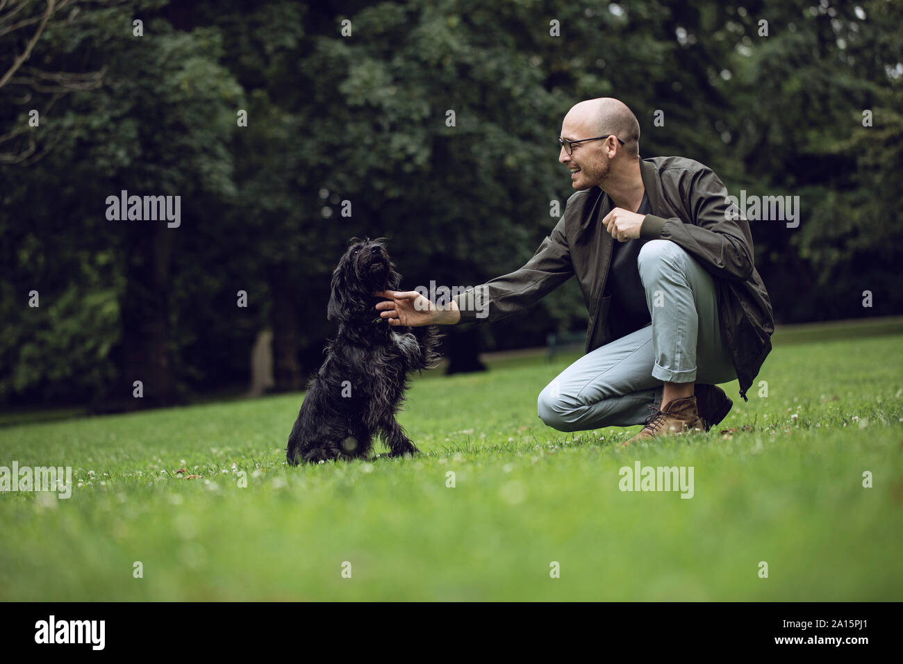 Mann und seinem Hund in einem Park Stockfoto