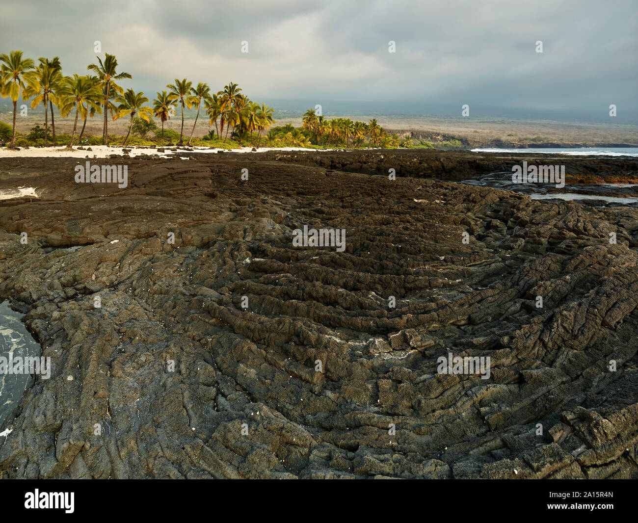 Vulkanischen Felsen und Bäume an Puuhonua O Honaunau National Historical Park gegen bewölkter Himmel Stockfoto