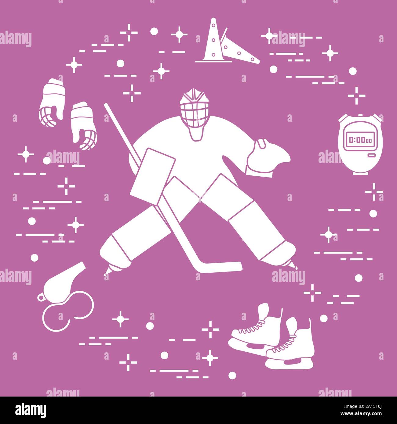 Vector Illustration Hockey Torwart Hockey Stick Handschuhe Schlittschuhe Stoppuhr Trainer Pfeifen Ausbildung Kegel Wintersport Hintergrund Spielen Hocke Stock Vektorgrafik Alamy
